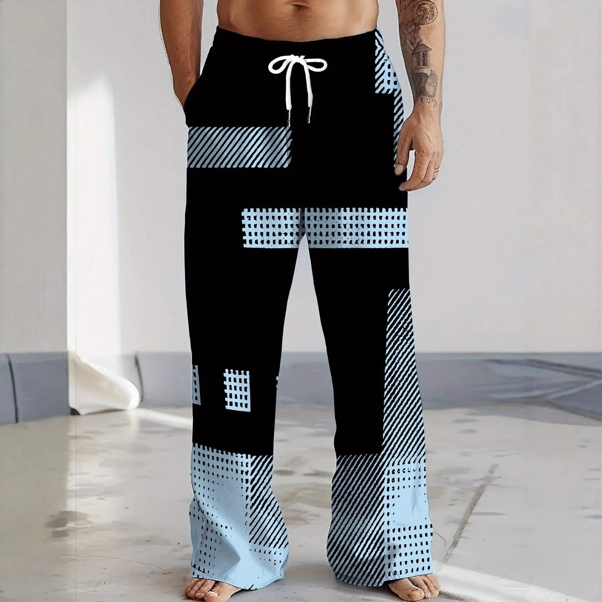 Men's Geometric Patchwork Casual Pants Summer Beach Vacation Loose Straight Trousers, Drawstring Waist Comfy Loungewear Kids