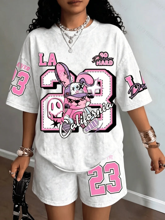 Street Casual Fashion Retro Trend Versatile 2026 Summer New Women's Short-Sleeved Short Pants Set with 3D Digital Pattern Print