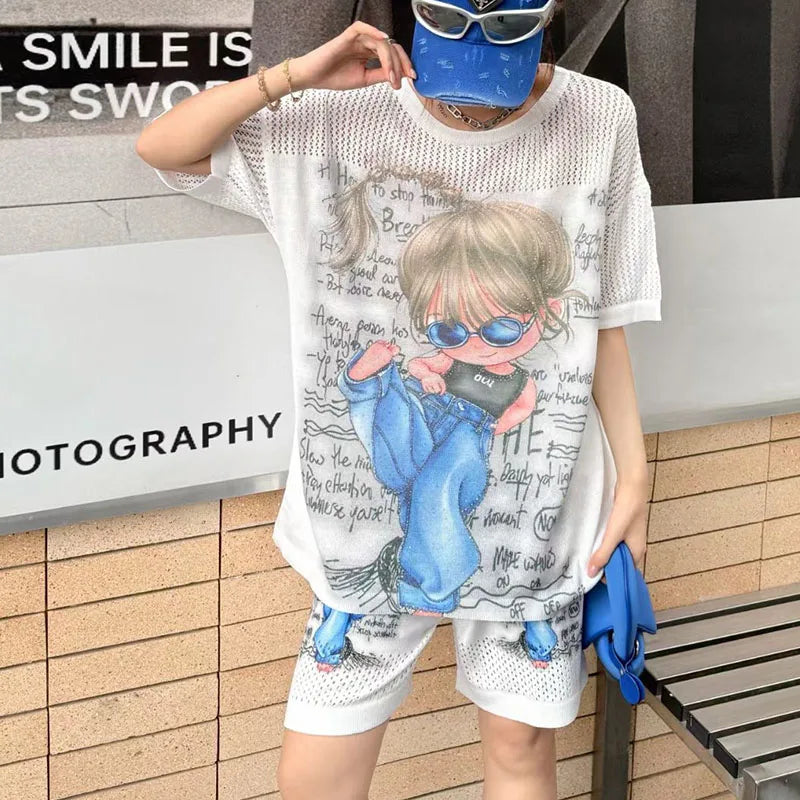 2025 Summer New Shorts Sets Printing Large Version Loose Hollow Cartoon Short-sleeved T-shirt and Shorts Two-piece Sets Women