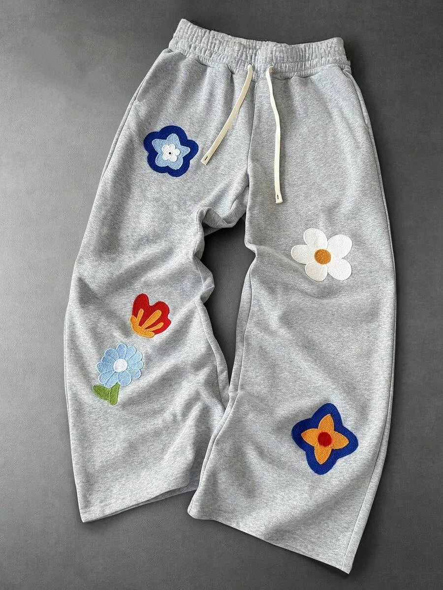 2026 Men's Soft Loose Fit Pants Grey White Bubble Letter Print Drawstring Elastic Waist Breathable Casual Streetwear Trousers